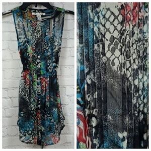 American Rag Mixed Animal Print Sheer Chiffon Pleated Top XS Sleeveless Blouse